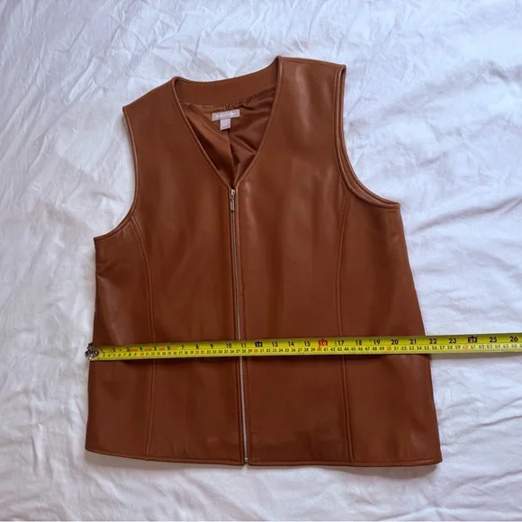 Nordstrom Genuine Lambskin Leather Zip Vest Brown Tan Lined Minimalist Y2K Large - Picture 10 of 10